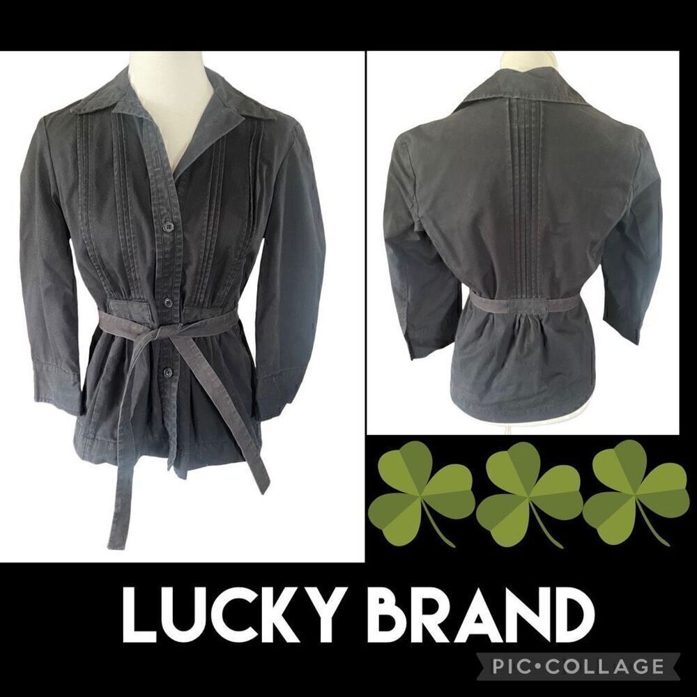Lucky Brand Black Pleated Button Front 100% Cotton Lightweight Jacket with Belt